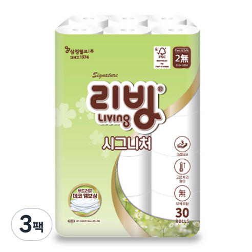 리빙티슈 시그니처 3겹 고급롤화장지 30m, 30개입, 3개