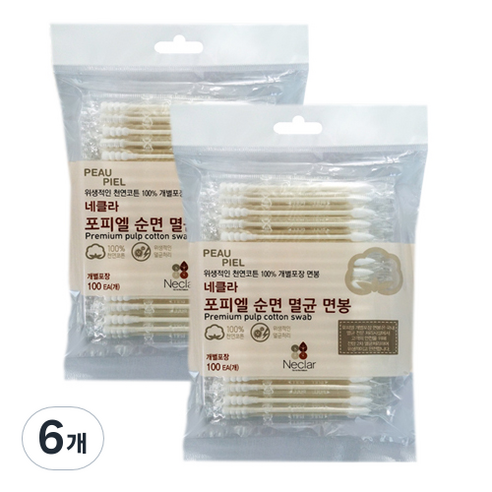 네클라 포피엘 순면 멸균 면봉, 100개입, 6개
