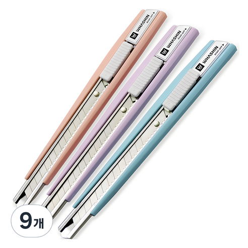 화신 215 커터칼 소 9mm, 블루 + 퍼플 + 피치, 9개