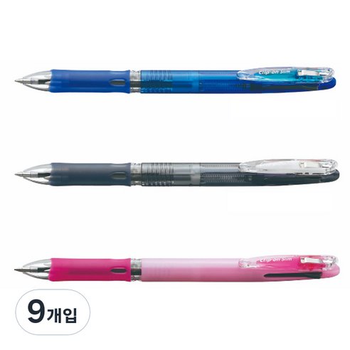 제브라 클립온 슬림 3색 볼펜 B3A5 0.7mm, 블루, 블랙, 파스텔핑크, 9개입