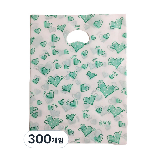 팩스타 펀칭 비닐 포장봉투 가로 25cm x 세로 35cm PE25, 연두하트, 300개입