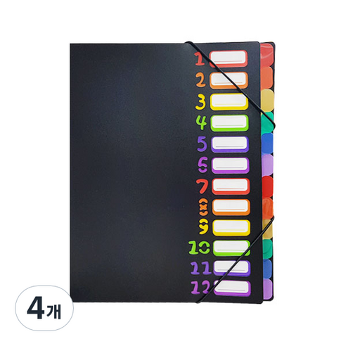 레인보우 인덱스 포켓 파일 12분류 A4, 혼합 색상, 4개
