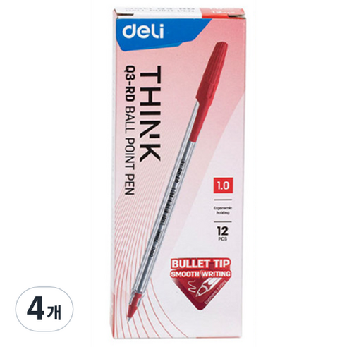 델리 사무용 유성 볼펜 1.0mm EQ3 12p, 레드, 4개