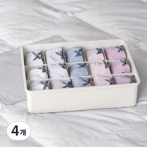 이즈리빙 뚜껑있는 플라스틱 속옷정리함 15칸, 아이보리(반투명뚜껑), 4개