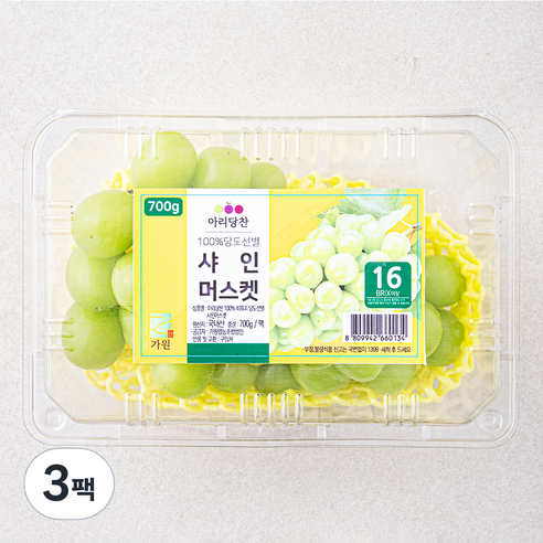 아리당찬 비파괴 당도선별 샤인머스켓, 3팩, 700g