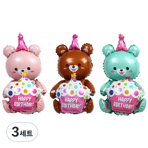 피앤비유니티 곰돌이 자동차풍선 대 x 3종 세트, 01 생일곰돌이, 3세트