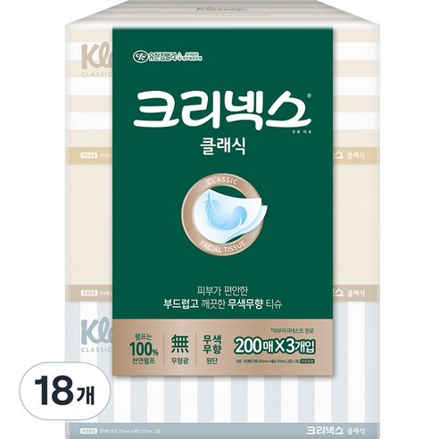 크리넥스 클래식 천연펄프 미용티슈 2겹, 200매, 18개