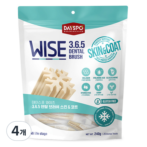 데이스포 와이즈 3 6 5 덴탈 브러쉬 강아지 덴탈껌, 4개, 240g, 스킨 앤 코트