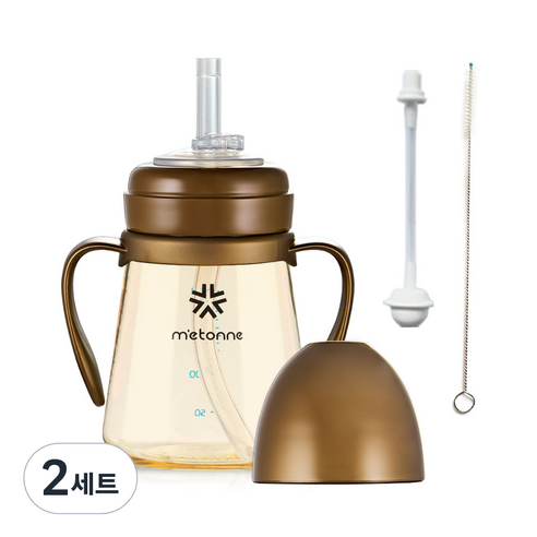 메똔느 PPSU NEW M3 빨대컵 200ml + 추 빨대 + 세척솔, 2세트, 펄브라운