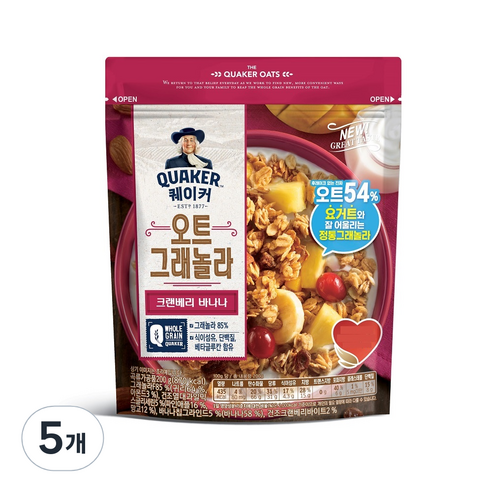 롯데제과 퀘이커 오트 그래놀라 시리얼 크랜베리바나나, 200g, 5개