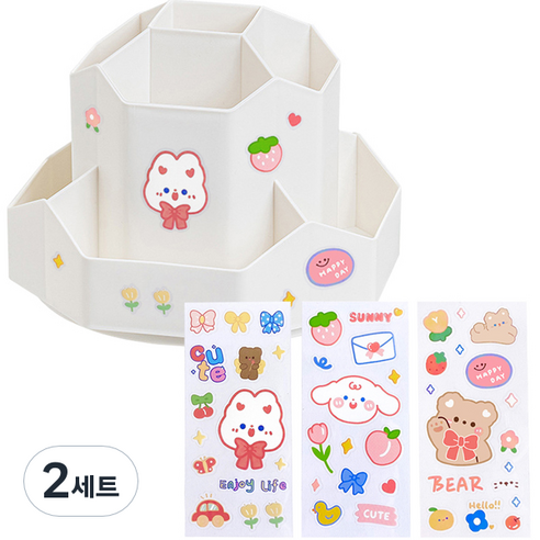 투코비 대용량 다용도 360도 회전식 펜슬 수납정리함 + DIY 데코스티커 3p 세트, 화이트, 2세트