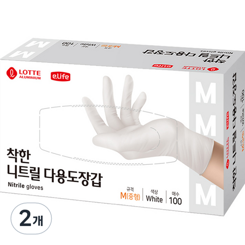 롯데이라이프 착한 니트릴 다용도 장갑 100개입, 2개, 화이트, 중(M)