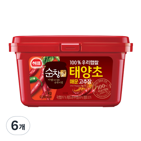 해표 순창궁 태양초 매운 고추장, 1kg, 6개