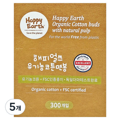 해피얼쓰 유기농 코튼 면봉, 5개, 300개입