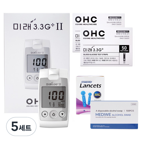 오상헬스케어 미래 3.3G 플러스 혈당측정기 + 시험지100매 + 침 110 + 솜 100매 세트, 5세트