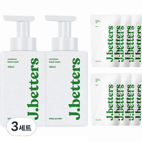 제이베럴즈 핸드워시 베이비파우더향 400ml x 2p + 리필 200ml x 6p 세트, 3세트