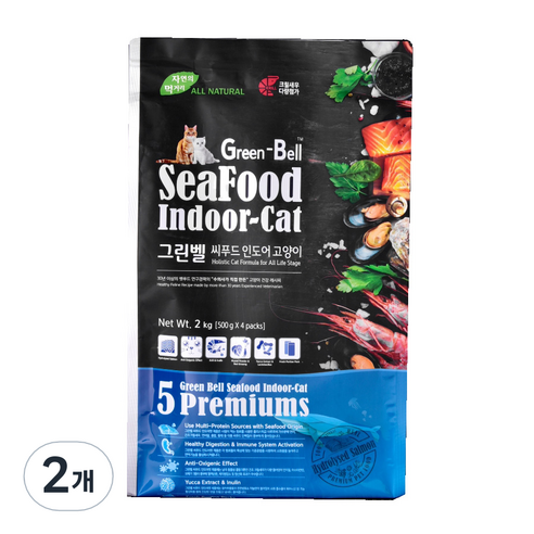 내츄럴큐브 그린벨 씨푸드 인도어 고양이 건식사료, 생선, 2kg, 2개