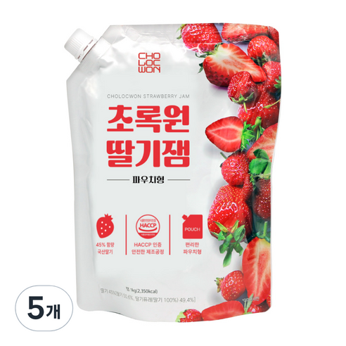 초록원 딸기잼 파우치형, 1kg, 5개