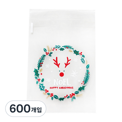 이홈베이킹 크리스마스 접착봉투 루돌프 10 x 11, 레드 + 그린 + 금분, 600개입