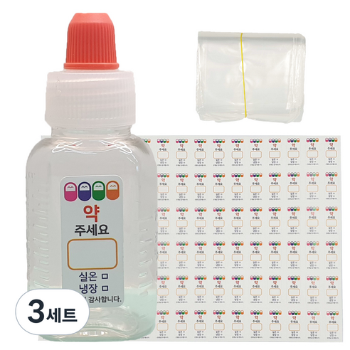 신도공업 일회용 짧은 뚜껑 약병 PET 딱딱이 20cc + 스티커 96p + 지퍼백 100p 세트, 3세트