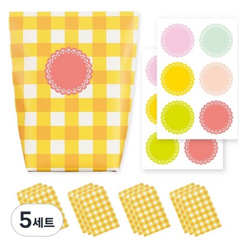 체크 종이 포장지 포장봉투 옐로우 12p + 스티커 6종 x 2p 세트, 혼합색상, 5세트