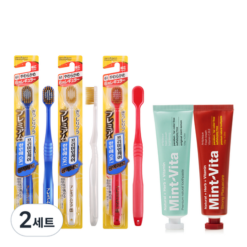 EBISU 프리미엄케어 6열 광폭 헤드 칫솔 61 랜덤발송 3p + 오리지널 민트비타치약 120g + 스트롱 민트비타치약 120g 세트, 2세트