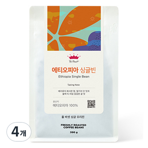 폴바셋 싱글 오리진 에티오피아 원두, 홀빈(분쇄안함), 200g, 4개