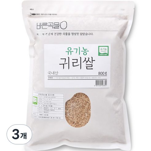 바른곡물 국내산 유기농 귀리 쌀, 800g, 3개