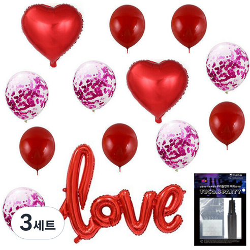 투코비 러브 장식 풍선 + 손펌프 + 고정테이프 세트, 하트 스팽글 가랜드 레드, 3세트