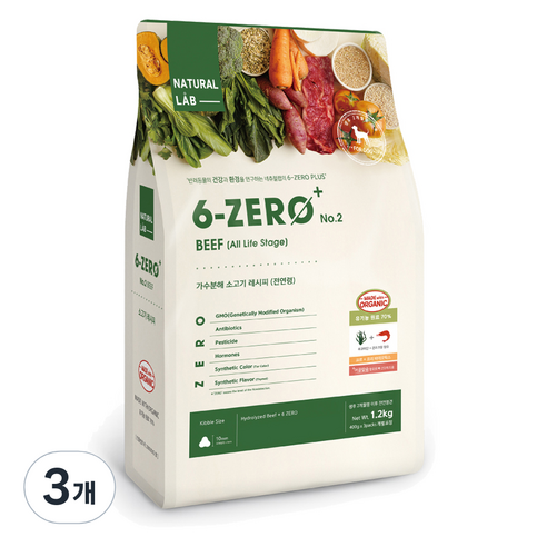 네츄럴랩 강아지 전연령 6제로02 유기농 사료, 소, 1.2kg, 3개
