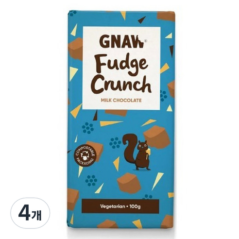 GNAW 밀크 초콜릿 퍼지 크런치 바, 4개, 100g