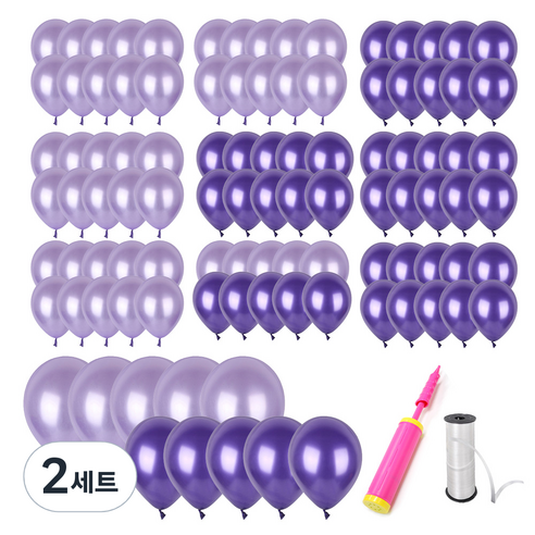 파티쇼 헬륨효과 네오 펄풍선 30cm 2종 x 50p + 손펌프 + 컬링리본 화이트 소 세트, 퍼플, 라벤다, 2세트