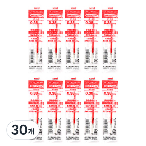 제트스트림 미쓰비시 유니 유성잉크 멀티볼펜 전용 리필심 SXR-80 0.38mm, 레드, 30개