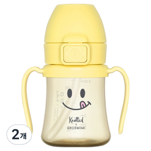 그로미미 유아용 노티드 PPSU 스마일 스틸프리 빨대컵 1단계 200ml, 2개, 레몬슈가