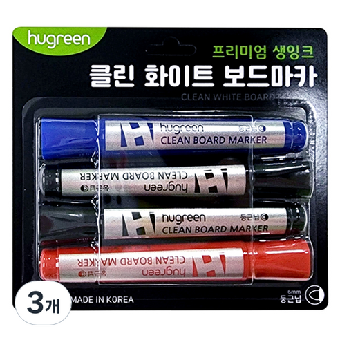 휴그린 생잉크 클린 화이트 보드마카 4p, 블랙, 블랙, 레드, 블루, 3개