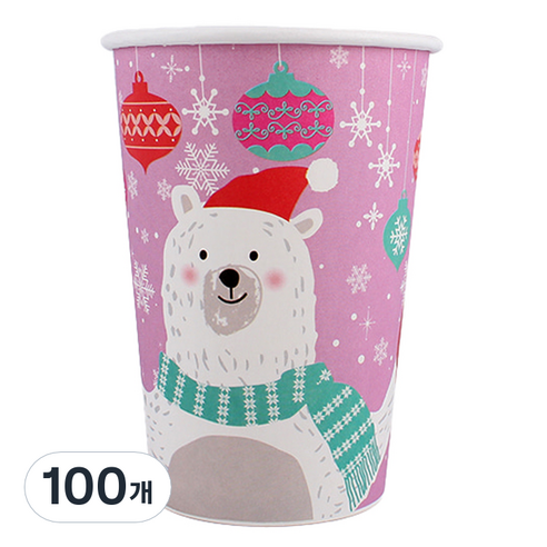 더팩컴퍼니 크리스마스 테이크 아웃 종이컵 380ml 백곰, 100개, 1개입