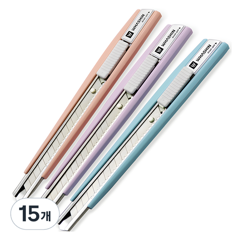 화신 215 커터칼 소 9mm, 블루 + 퍼플 + 피치, 15개