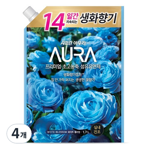 AURA 프리미엄 초고농축 섬유유연제 화이트블러썸 리필, 1.7L, 4개