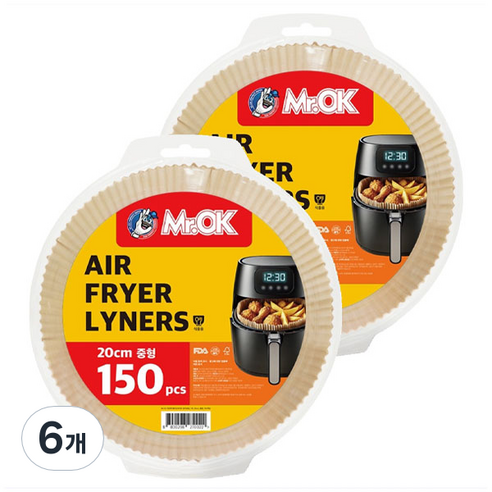 Mr.ok 에어프라이어 종이호일, 6개, 150개입, 20cm