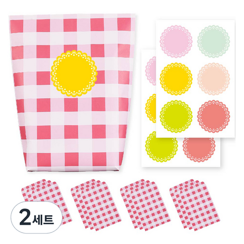 체크 종이 포장지 포장봉투 핑크 12p + 스티커 6종 x 2p 세트, 혼합색상, 2세트