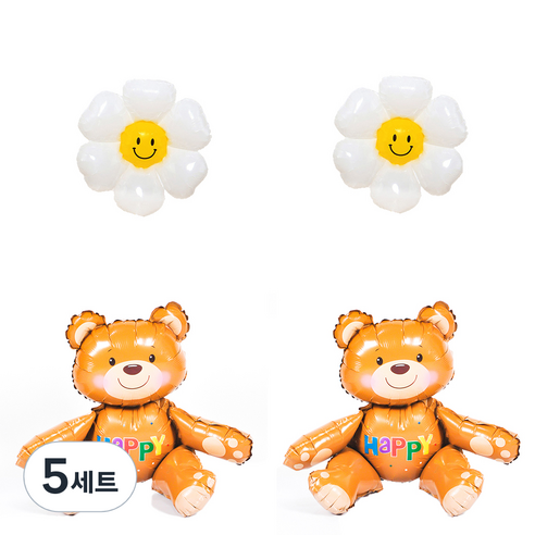 파티쇼 슈퍼쉐잎 은박풍선 HAPPY 곰돌이 2p + 데이지 플라워 소형 2p 세트, 혼합색상, 5세트