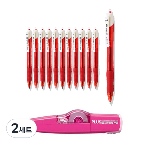 동아 크로닉스 디엑스 펜 C-0.5 12p + 플러스 수정테이프 랜덤발송 WH-635 세트, 빨강, 2세트