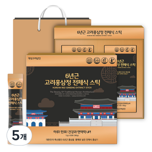 개성고려삼인 6년근 고려홍삼정 전체식 스틱 + 쇼핑백, 360g, 5개