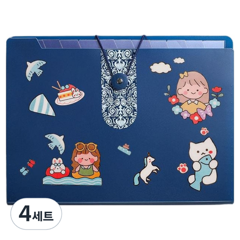 올인셀 데일리 아코디언 파일 5칸 A4 + 스티커 세트, 딥블루(파일), 4세트