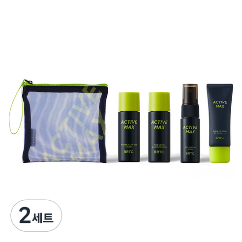 비알티씨 액티브 맥스 여행용 미니어처 바디워시 20ml + 로션 20ml + 퍼퓸스프레이 19ml + 선크림 20ml + 파우치 세트, 2세트