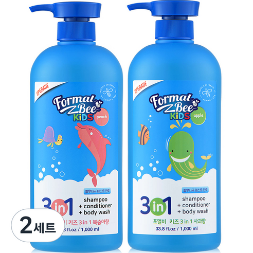 포멀비 키즈 샴푸 컨디셔너 바디워시 3in1 올인원 복숭아향 1L + 사과향 1L 세트, 2000ml, 2세트