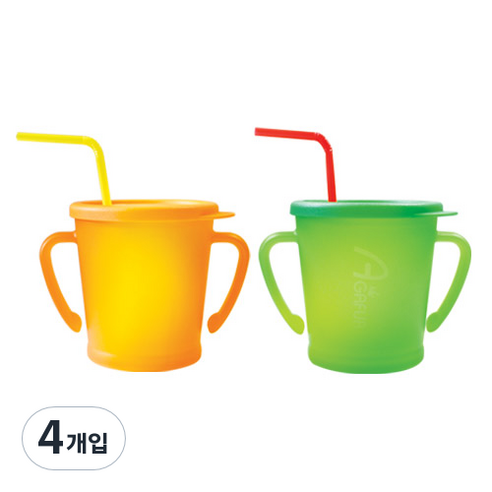 아가프라 유아용 매직 빨대컵 300ml, 4개입, 오렌지, 그린
