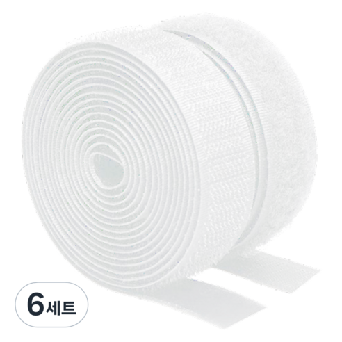 쿠말 접착 초강력 벨크로 테이프 갈고리면 20mm x 5m + 부착면 20mm x 5m 세트, 화이트, 6세트