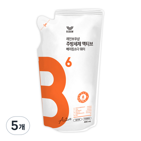 레인보우샵 B6 주방세제 액티브 베이킹소다 워터 리필, 400ml, 5개