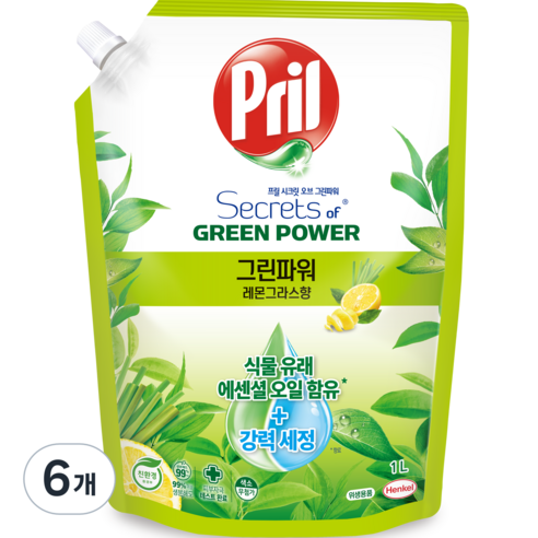 프릴 그린파워 주방세제 레몬그라스향, 6개, 1L